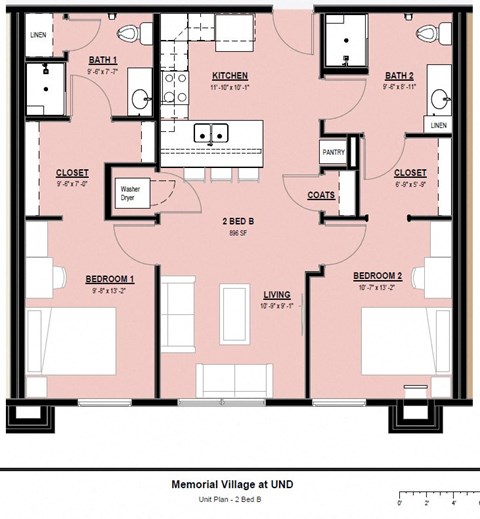 Floor plan for 2 beds, 2 baths, 896 sqft